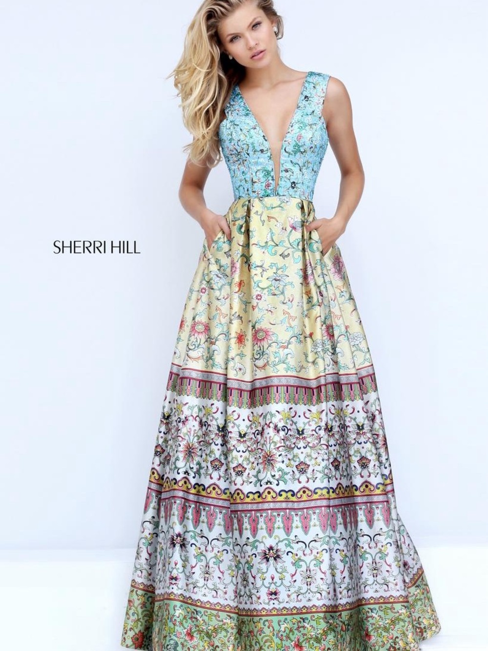 Sherri Hill Aqua Bodice with Cream Multi-Print A-Line Gown